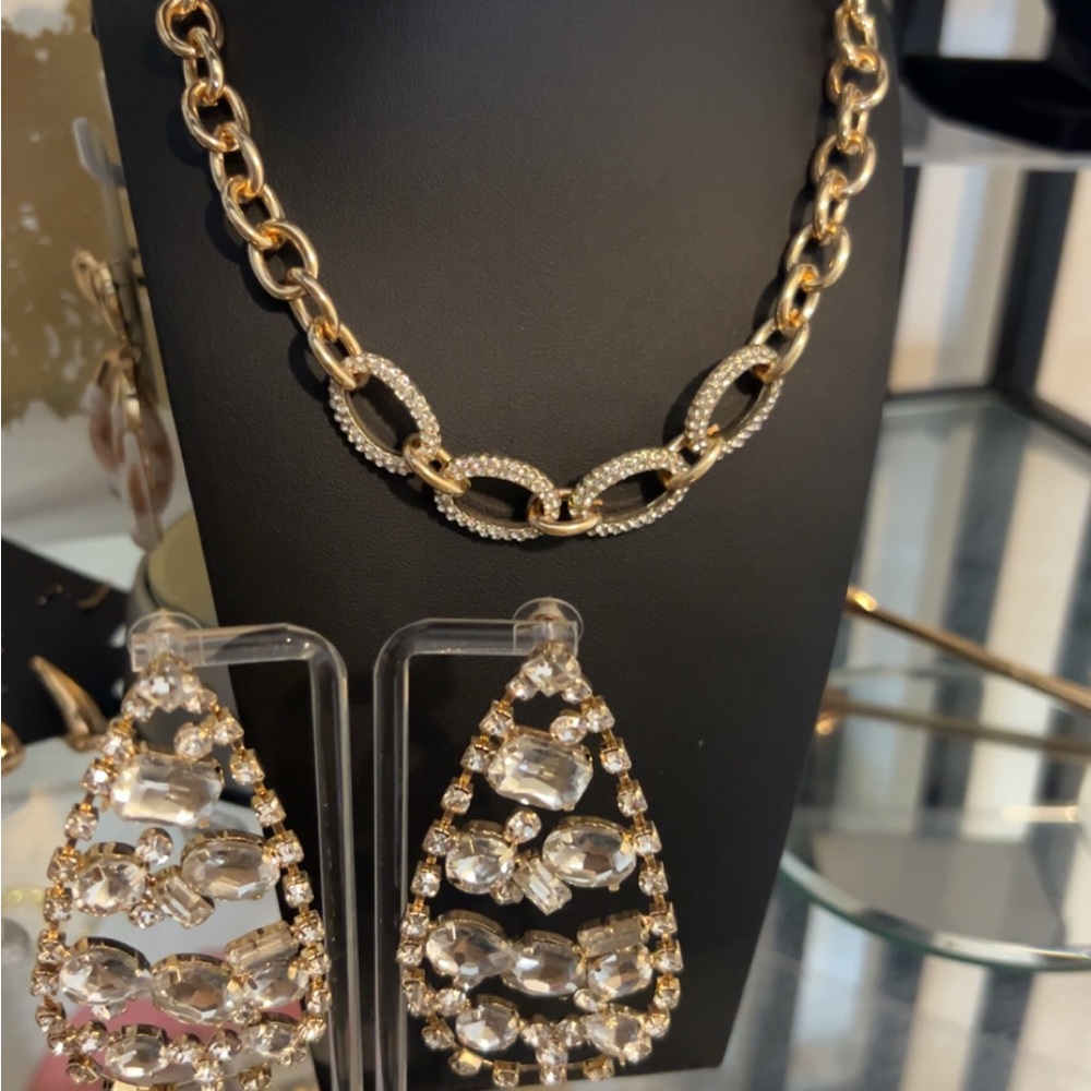 Gold Chunky Chain Necklace with silver accents, earrings, and bracelet to match
